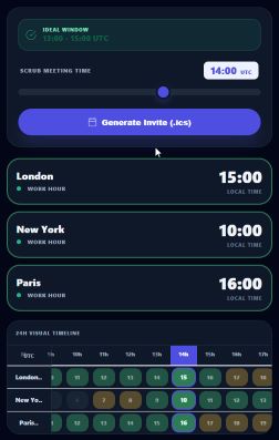 Color-coded time zone meeting planner grid showing green overlap slots for best meeting times across multiple cities, yellow for partial overlap, red for no overlap - MyTimeIs free tool